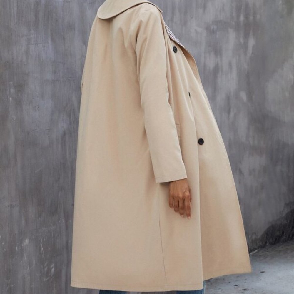 Gingham Lapel Neck Double Breasted Trench Coat - Picture 2 of 5
